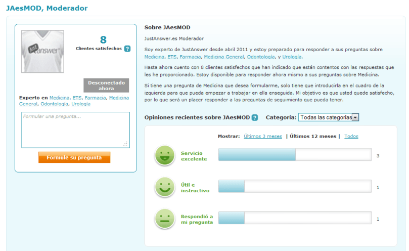 Muestra de cómo los clientes ven el perfil de un Experto
